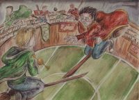 Harry’s arm is broken by a rogue Bludger Harry’s arm is broken by a rogue Bludger